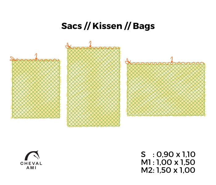 Haynet // Bag with rope Size "M" ( 1m50 x 1m00 with long opening)-Mesh 38mm / PP 5mm-Black